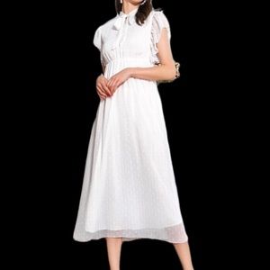 Tie neck dobby mesh overlay ruffle trim dress